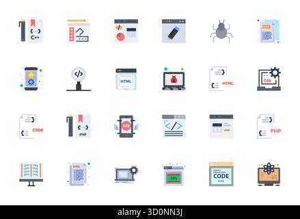 Débloquez 24 icônes vectorielles améliorées de détail plat inspirées par le codage, optimisées au format 128x128 pour un affichage sans faille sur tous les appareils. Illustration de Vecteur