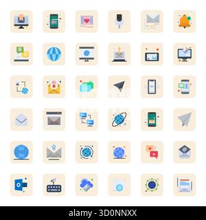 Ensemble sophistiqué de 36 icônes vectorielles plates pour la communication numérique, conçu avec une clarté alignée 64x64 pixels pour les applications professionnelles. Illustration de Vecteur