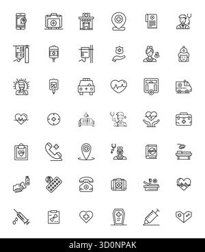Pack innovant de 42 icônes vectorielles sur le thème de l'hôpital, présentant la conception Bold Line en format modifiable 64x64 pour des solutions numériques modernes. Illustration de Vecteur
