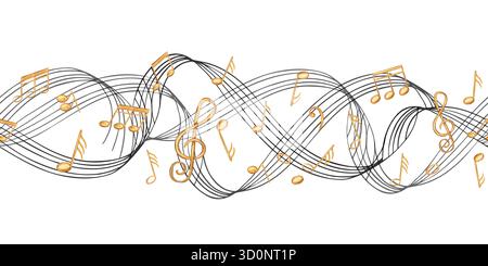 Notes de musique dorées sur la bannière sans couture de l'aquarelle du personnel d'ondulation noire sur fond isolé. Symboles sonores volants sur la portée ondulante Banque D'Images