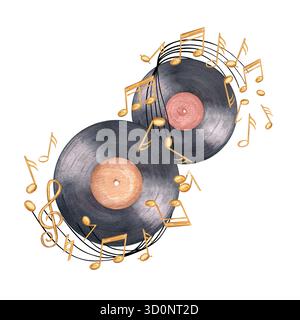 Deux disques vinyles noirs et notes de musique volantes sur l'illustration d'aquarelle du personnel sur fond isolé. Disque d'enregistrement de gramophone vintage. Banque D'Images