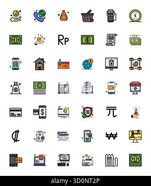 Un ensemble dynamique de 42 icônes vectorielles en Flat Line rempli, adapté pour la transaction avec affichage 64x64 qualité parfaite adaptée aux produits numériques. Illustration de Vecteur