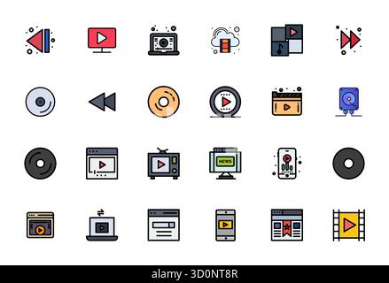 Cet ensemble de 24 icônes vectorielles remplies Flat Line capture des thèmes de médias numériques en 64x64 Detail Enhanced Quality, parfait pour la technologie et l'application commerciale Illustration de Vecteur