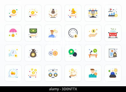 Collection exclusive de 24 icônes vectorielles plates pour la compensation, développée avec une résolution modifiable 64x64 pour des expériences de marque premium. Illustration de Vecteur