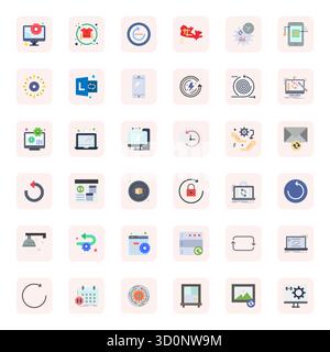 Ensemble sophistiqué de 36 icônes vectorielles plates pour Refresh, conçu avec une clarté optimisée 256x256 pixels pour les applications professionnelles. Illustration de Vecteur