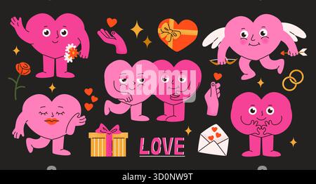 Doodle Love Character. Figures en forme de coeur, personnages de dessins animés mignons avec des ailes et des flèches, boîte cadeau romantique et bague de mariage, lettre d'amour et rose Illustration de Vecteur