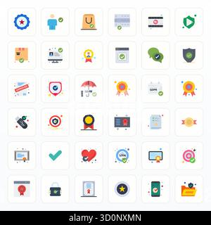Soigneusement conçu 36 icônes vectorielles sur le thème vérifié, fabriqué à plat avec la précision ajustée de la grille 64x64 pour les besoins de conception contemporaine. Illustration de Vecteur