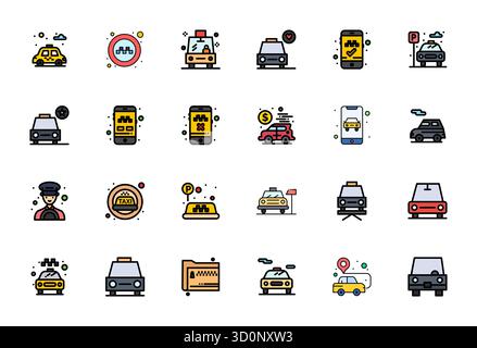 Astucieusement conçu 24 icônes vectorielles optimisées Flat Line Filled Pixel pour Taxi, livrées au format 64x64 pour une excellence visuelle constante. Illustration de Vecteur