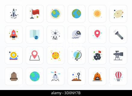 Ensemble de 24 icônes vectorielles alignées Flat Pixel sur le thème de l'exploration, conçues en résolution Retina Ready pour une intégration transparente dans les applications et les sites Web. Illustration de Vecteur