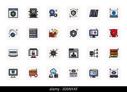 Pack organisé de 24 icônes vectorielles haute résolution dans la conception LineFilled, centré autour des concepts de cybersécurité avec Display Perfect Clarity. Illustration de Vecteur