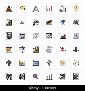 Ce pack d'icônes vectorielles de graphique de croissance comprend 36 conceptions de lignes remplies au format 256x256 Grid ajusté, parfait pour améliorer les interfaces numériques. Illustration de Vecteur