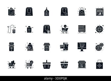 Ensemble sophistiqué de 24 icônes vectorielles remplies pour acheter, conçu avec Retina Ready Pixel Aligned Clarity pour les applications professionnelles. Illustration de Vecteur