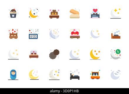 Soigneusement sélectionnés 24 icônes vectorielles plates pour le sommeil, avec une résolution alignée 128x128 pixels pour une représentation cohérente de la marque et une expérience utilisateur. Illustration de Vecteur