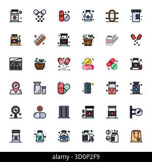 Paquet complet de 36 icônes vectorielles sur le thème de Drugstore, présentant un design rempli de Flat Line en 128x128 pixels de qualité optimisée pour l'interfac moderne Illustration de Vecteur