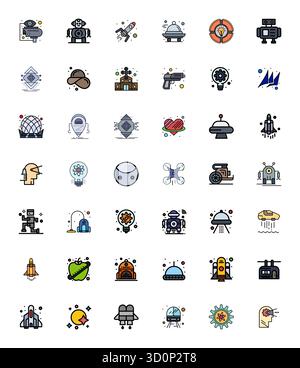 Ultime collection de 42 icônes vectorielles représentant Futuristic dans une esthétique Flat Line remplie, optimisée avec une résolution optimisée de 128x128 pixels pour ma Illustration de Vecteur