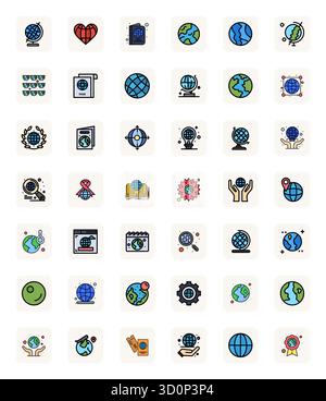 Pack innovant de 42 icônes vectorielles sur le thème de Globe, présentant le design LineFilled en format Retina Ready modifiable pour des solutions numériques modernes. Illustration de Vecteur