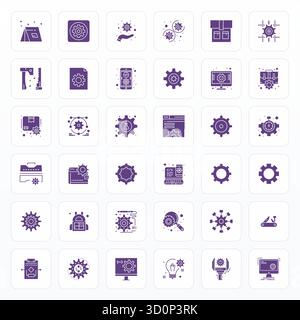 Cet ensemble de 36 icônes vectorielles de glyphe capture des thèmes d'engrenage en 128x128 Detail Enhanced Quality, parfait pour les applications technologiques et commerciales. Illustration de Vecteur
