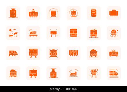 Pack essentiel de 24 icônes vectorielles modifiables pour Rail au format rempli, dimensionné chez Retina prêt pour des performances et une évolutivité optimales. Illustration de Vecteur