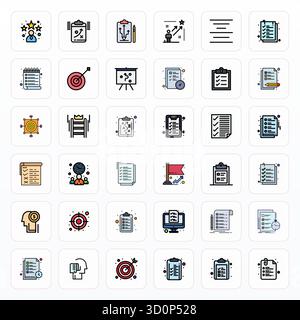 Cette collection comprend 36 icônes vectorielles alignées de pixels de ligne remplies adaptées au thème objectifs, optimisées au format 128x128 pour la conception numérique. Illustration de Vecteur