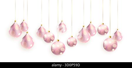 Boules de Noël, boules suspendues décorations. Cadre de Noël. Joyeux Noël, boules roses festives. Maquette de carte de vœux, modèle de bannière. Vecteur Illustration de Vecteur
