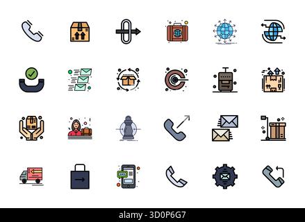 Pack organisé de 24 icônes vectorielles 256x256 dans la conception remplie de Flat Line, centrées autour de concepts sortants avec une clarté parfaite DE PIXEL. Illustration de Vecteur