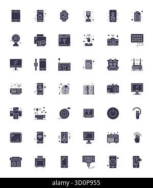 Un ensemble dynamique de 42 icônes vectorielles remplies, adaptées à l'appareil avec une qualité optimisée 256x256 pixels adaptée aux produits numériques. Illustration de Vecteur