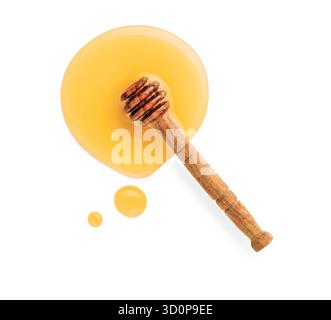 Miel liquide s'égouttant de bâton d'olive isolé sur fond blanc avec chemin de découpage. Elément de conception. Vue de dessus. Banque D'Images