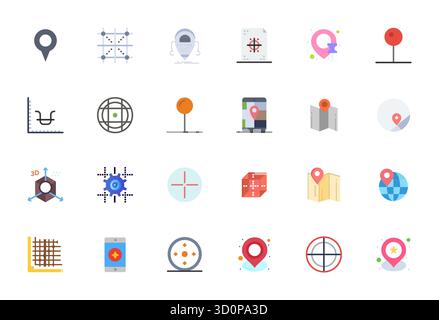 Boîte à outils complète de 24 icônes vectorielles sur le thème des coordonnées, développée en Flat avec une précision alignée de pixels haute résolution pour une conception polyvalente Illustration de Vecteur