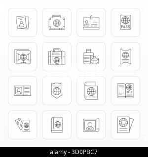 Ensemble complet avec 16 icônes vectorielles dans la conception Thin Line pour Passport, livré en qualité améliorée de détail 64x64. Illustration de Vecteur