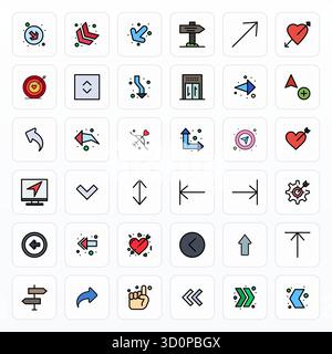 Découvrez un ensemble de 36 icônes vectorielles Filled Line conçues pour le thème Arrow, avec des designs éditables 64x64 idéales pour les projets UI / UX modernes. Illustration de Vecteur