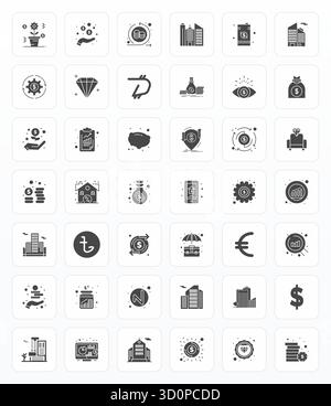 Collection exclusive de 42 icônes vectorielles de glyphe pour l'investissement, développée avec une résolution modifiable haute résolution pour des expériences de marque premium. Illustration de Vecteur