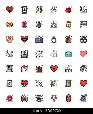 Collection de 42 icônes vectorielles Flat Line Filled Grid adaptées pour l'amour, conçues au format 128x128 pour la clarté et la polyvalence. Illustration de Vecteur