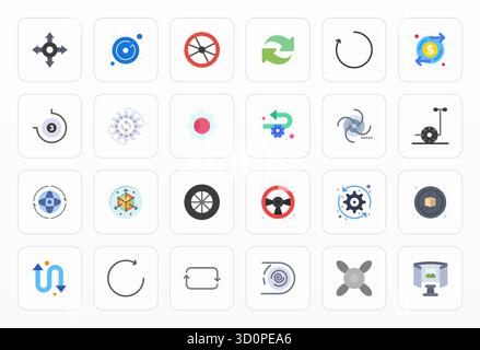 Collection exclusive de 24 icônes vectorielles plates pour la rotation, développée avec la résolution haute résolution détaillée améliorée pour des expériences de marque premium. Illustration de Vecteur