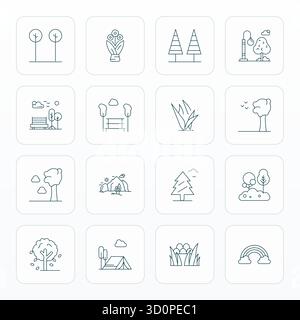 Un ensemble polyvalent de 16 icônes vectorielles alignées Thin Line Pixel axées sur la scène nature, livrées dans un format 64x64 net idéal pour les applications mobiles et web Illustration de Vecteur