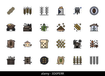 Ensemble de 24 icônes vectorielles optimisées Line Filled Pixel sur le thème du grain, conçues en résolution haute résolution pour une intégration transparente dans les applications et le Web Illustration de Vecteur