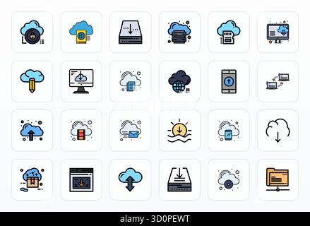 Collection de 24 icônes vectorielles optimisées de pixel de ligne pour Cloud Storage, conçues au format 256x256 pour la clarté et la polyvalence. Illustration de Vecteur