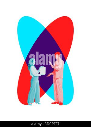 Œuvres d'art graphiques modernes. Deux jeunes collègues échangent des idées avec des formes abstraites qui se chevauchent symbolisant la coopération et la créativité Banque D'Images