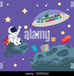 Un astronaute ondule joyeusement devant un vaisseau spatial extraterrestre coloré présentant des cadeaux uniques Illustration de Vecteur