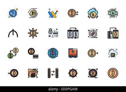 Ensemble de 24 icônes vectorielles Flat Line Filled Display parfaites sur le thème de Crypto, conçues en résolution 256x256 pour une intégration transparente dans les applications et websi Illustration de Vecteur