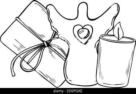 Illustration monochrome vectorielle des éléments décoratifs de Noël. Dessin de gravure de poupée ange de Noël avec cloche centrale, bougie aromatique, cadeau emballé Illustration de Vecteur