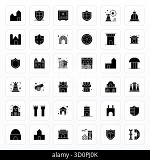 Ensemble complet avec 36 icônes vectorielles dans la conception de glyphe pour Fortress, livré en qualité optimisée 256x256 pixels. Illustration de Vecteur