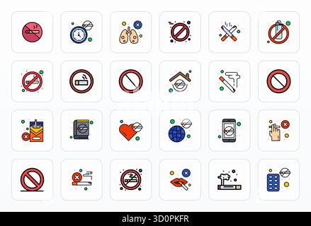 Pack essentiel de 24 icônes vectorielles d'affichage parfaites pour No Smoking au format Filled Line, dimensionné à 128x128 pour des performances et une évolutivité optimales. Illustration de Vecteur