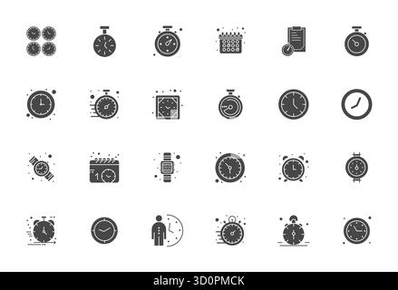 Un ensemble dynamique de 24 icônes vectorielles remplies, adaptées pour le chronométrage avec 128x128 affichage qualité parfaite adaptée aux produits numériques. Illustration de Vecteur