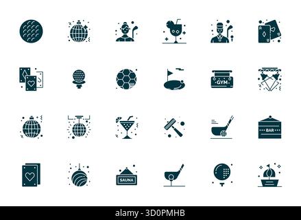 Collection exclusive de 24 icônes vectorielles remplies pour Club, développée avec 256x256 Detail résolution améliorée pour des expériences de marque premium. Illustration de Vecteur