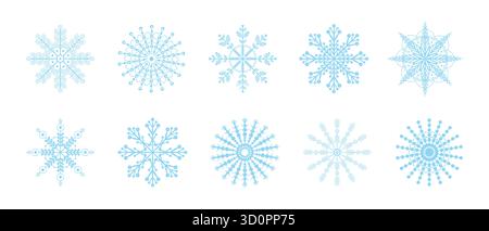 Ensemble d'icônes de neige de flocons de neige, cristaux de neige blancs sur fond bleu illustration vectorielle, éléments de Noël d'hiver Illustration de Vecteur