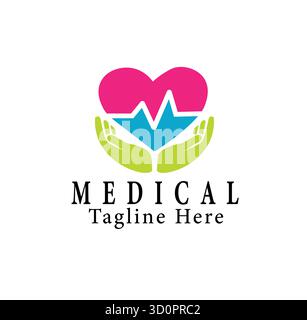 Design de logo médical moderne | symbole de soins de santé Heartbeat avec des mains attentionnées | icône de santé du médecin de clinique d'hôpital | graphique coloré de bien-être et de sécurité Illustration de Vecteur