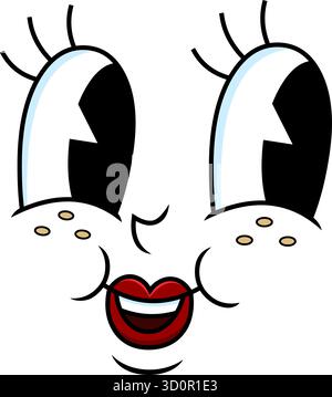 Visage de fille souriante de dessin animé rétro avec grands yeux, cils, lèvres rouges et taches de rousseur. Style d'animation vintage des années 30 Illustration de Vecteur