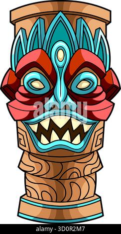 Fierce Tiki masque avec sculptures tribales et Totem Design. Illustration artistique polynésienne hawaïenne. Illustration vectorielle dessinée à la main Illustration de Vecteur