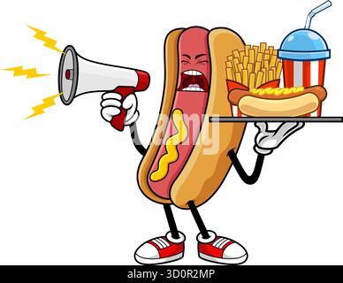 Personnage de mascotte Hot Dog Cartoon criant à travers le mégaphone et tenant le plateau de restauration rapide - illustration vectorielle dessinée à la main Illustration de Vecteur