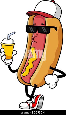 Personnage de mascotte de dessin animé cool Hot Dog portant des lunettes de soleil et tenant une boisson froide – illustration vectorielle dessinée à la main isolée sur fond transparent Illustration de Vecteur